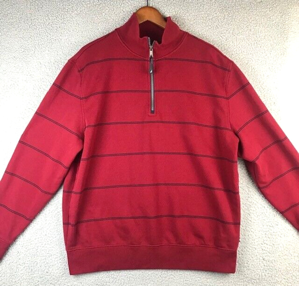 Nautica Mens Quarter Zip Jacket XL Long Sleeve Red Knit Cotton Blend Solid Lined